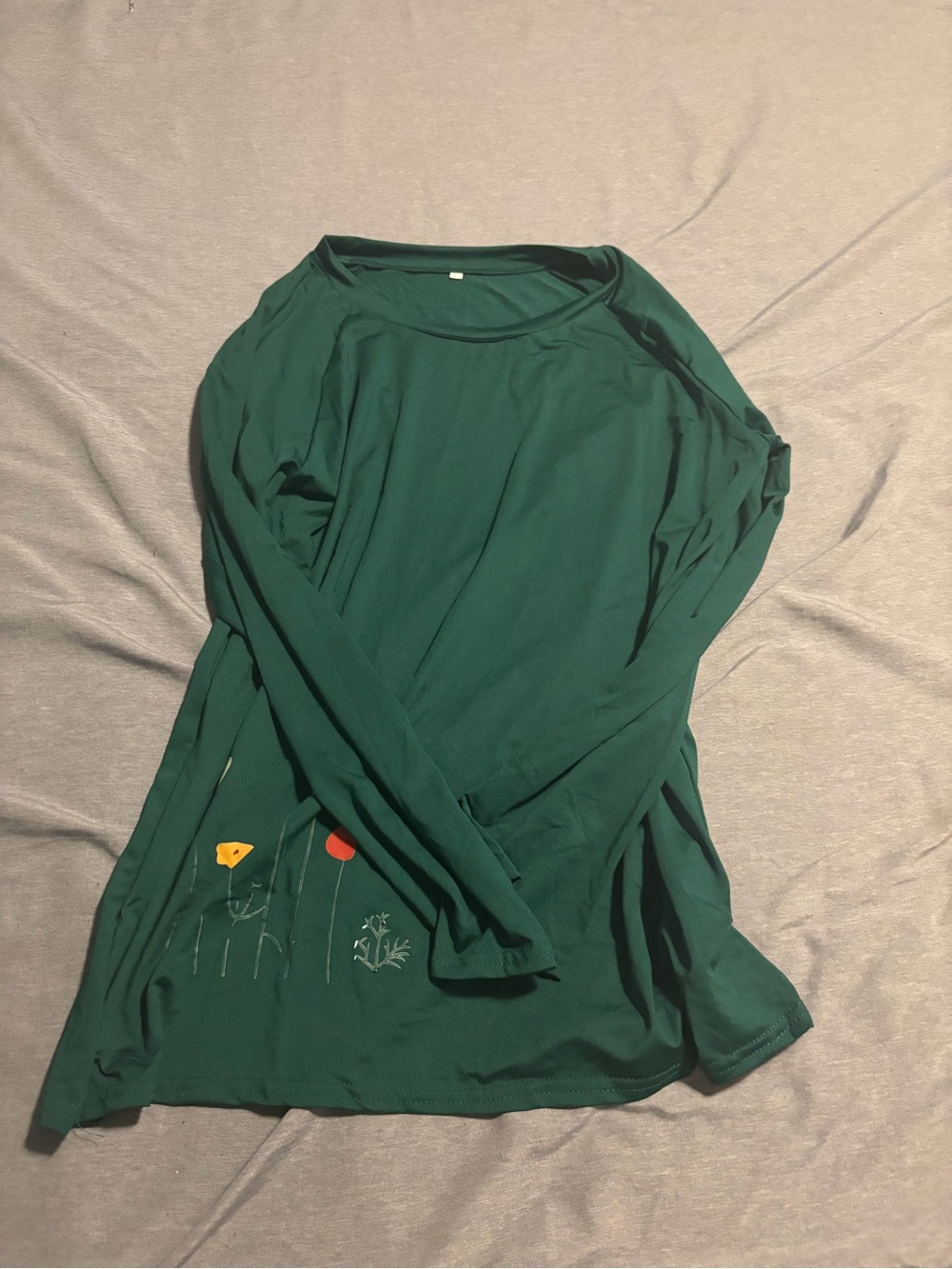 Women's Forest Green Long Sleeve Embroidered Tee new